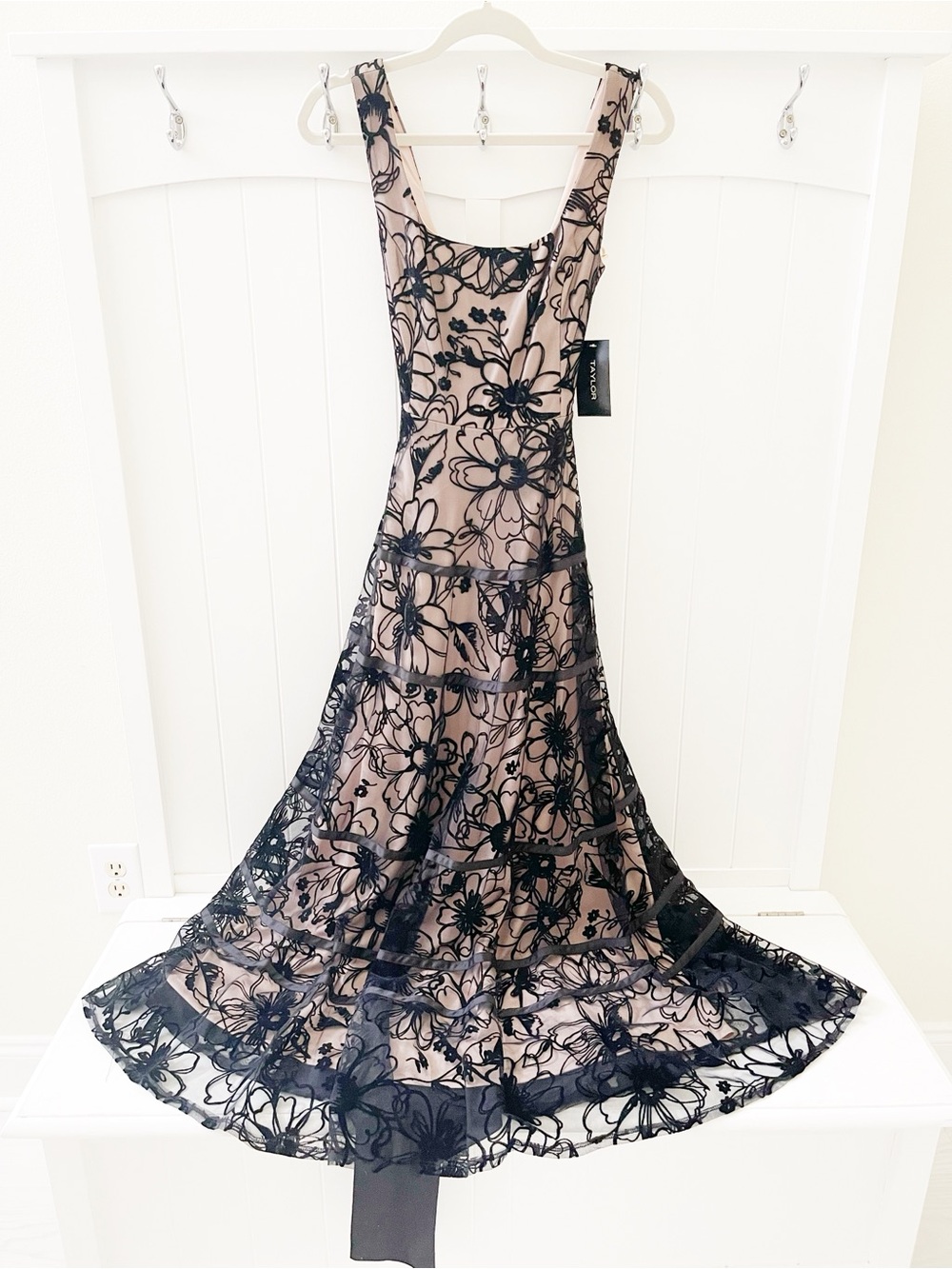 Taylor Nude Maxi Dress with Black Floral Lace Overlay